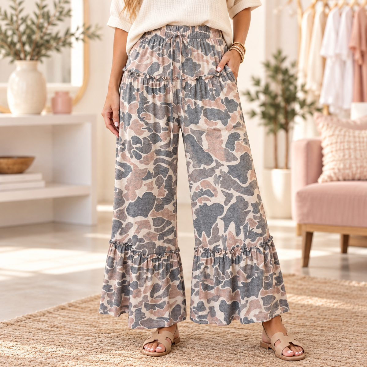 Blush Wide Leg Casual Pants (Camo)